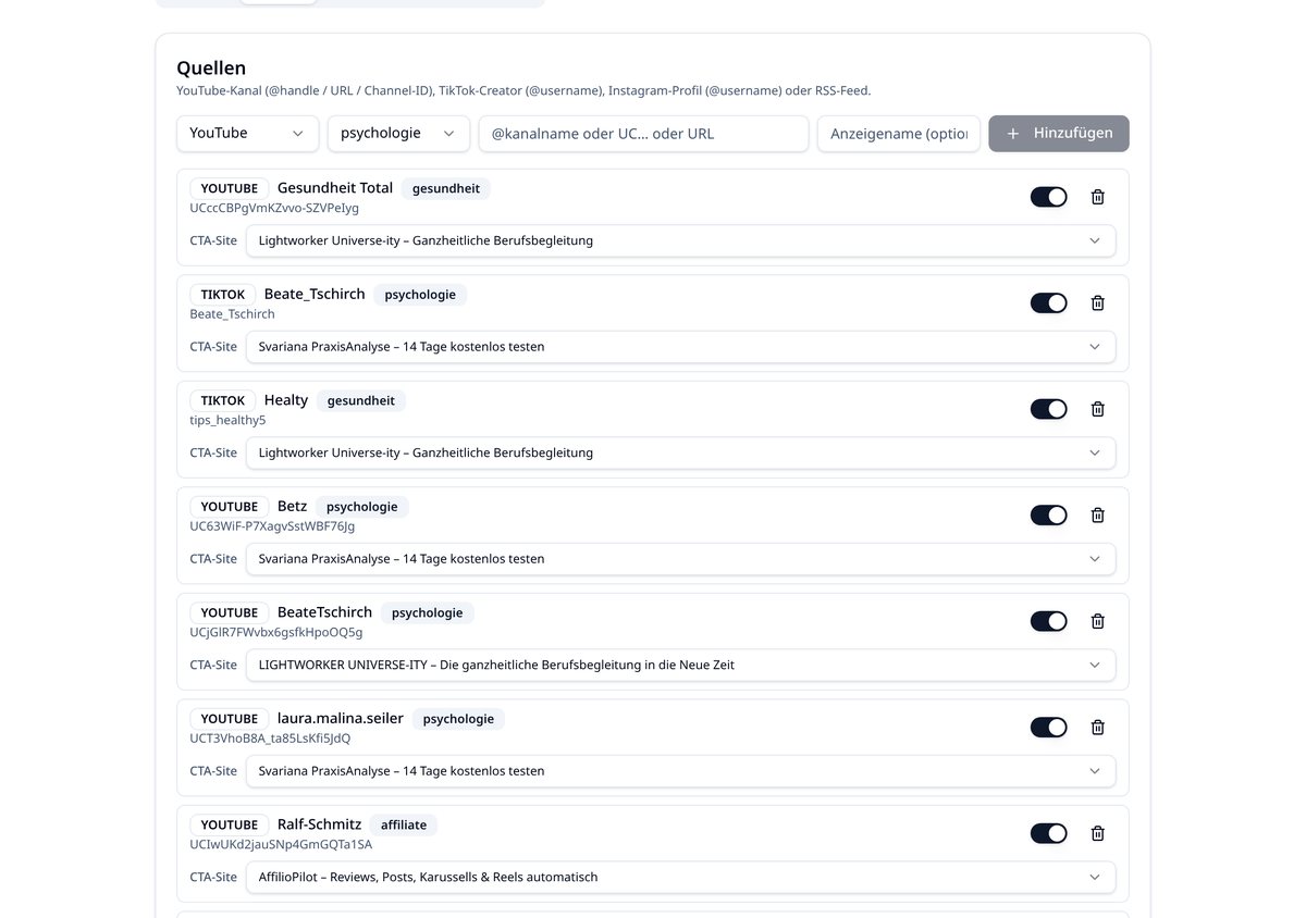 Quellenliste in Auto-Trends 2 mit YouTube- und TikTok-Quellen