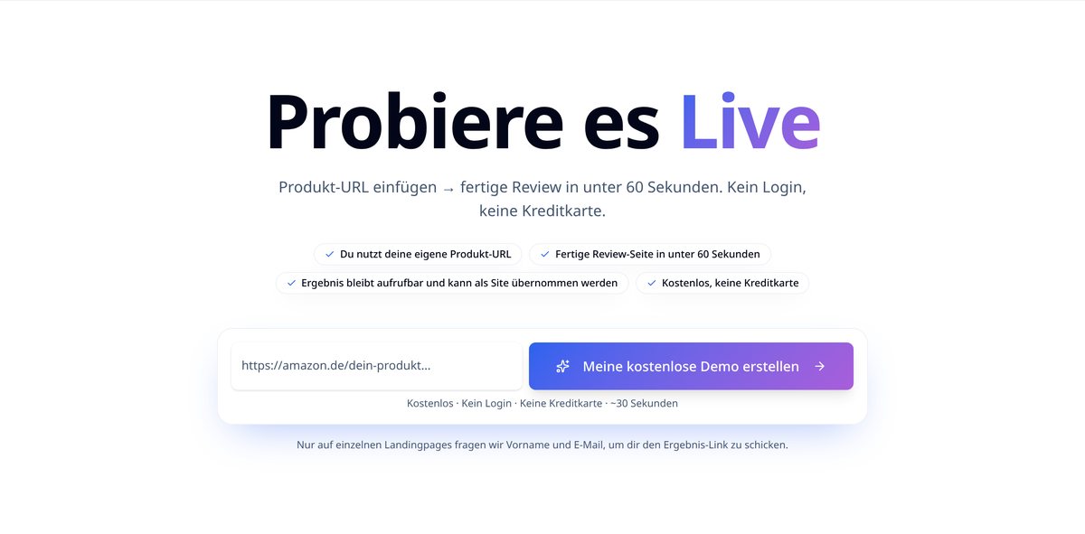 Startseite mit Formular und Button „Jetzt Live-Demo starten“