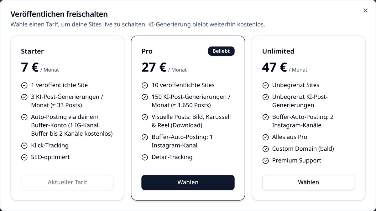 Tarifauswahl mit Starter, Pro und Unlimited