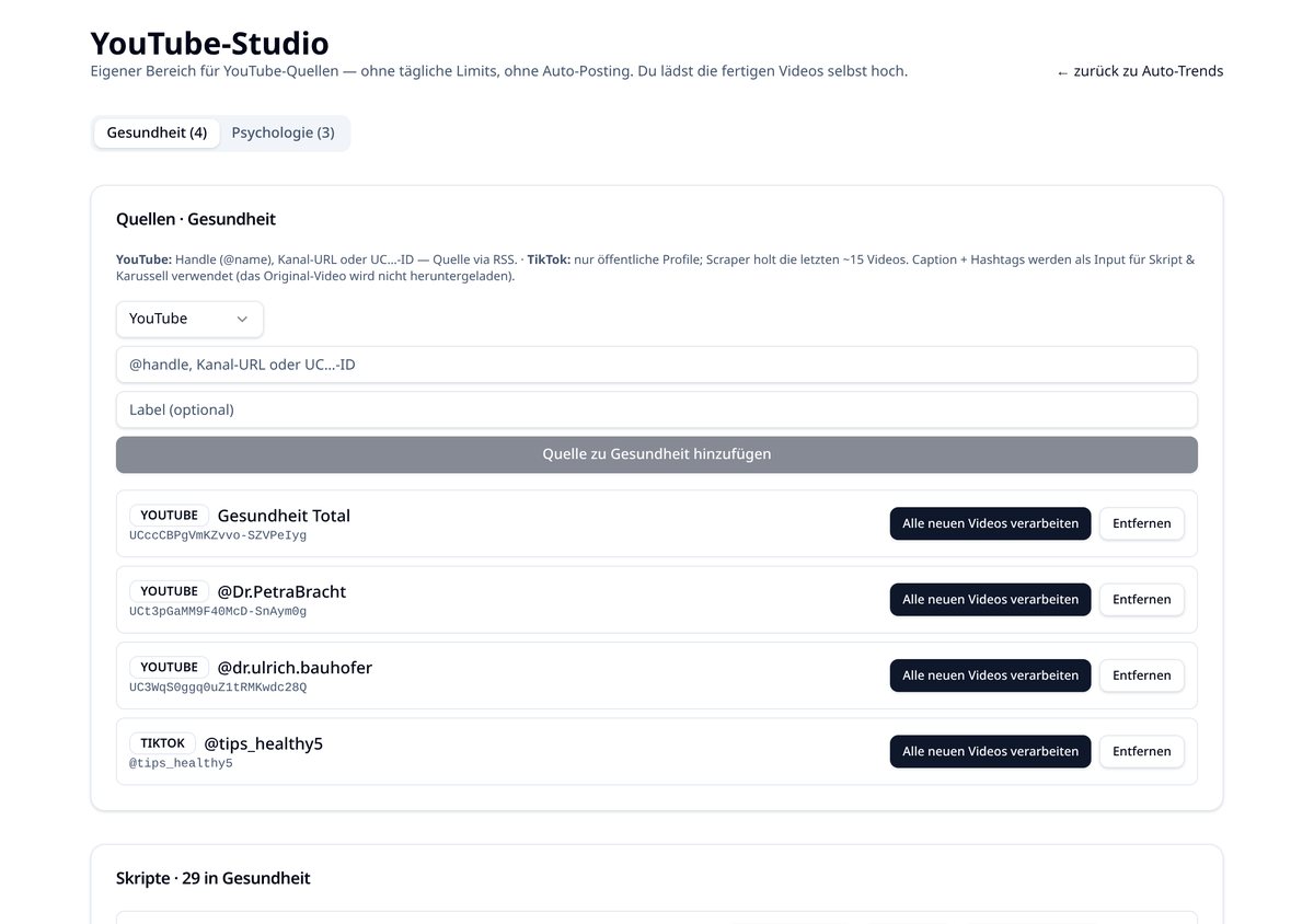 YouTube-Studio-Seite mit Quellen und Kategorien